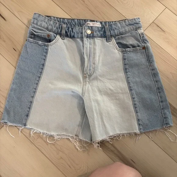 Zara Kids Blue Two-Tone Denim Jean Shorts Frayed Hem Girl's Fashion Size 13-14 - Picture 1 of 5